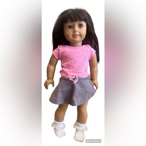 American Girl Brown Hair Blue Eyes 18” Doll with Ears pierced in AG clothing.